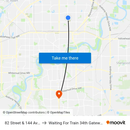 82 Street & 144 Avenue to Waiting For Train 34th Gateway Blvd. map
