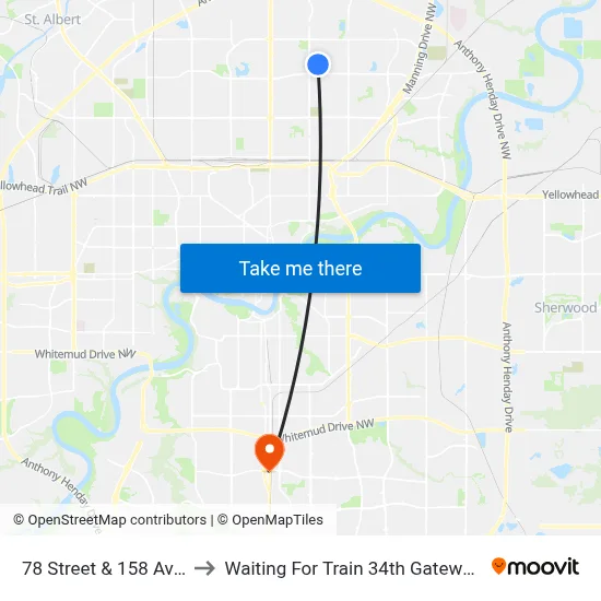 78 Street & 158 Avenue to Waiting For Train 34th Gateway Blvd. map