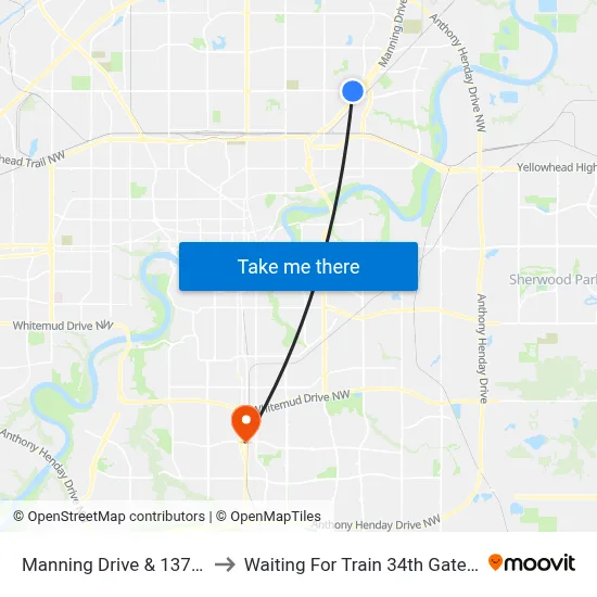 Manning Drive & 137 Avenue to Waiting For Train 34th Gateway Blvd. map