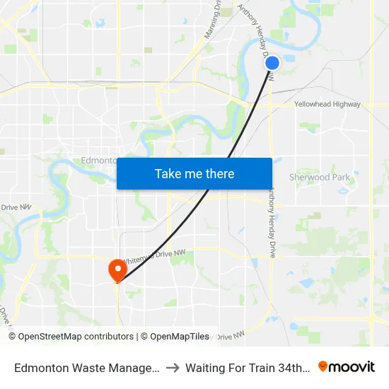 Edmonton Waste Management Centre Iptf to Waiting For Train 34th Gateway Blvd. map