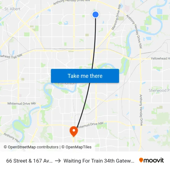 66 Street & 167 Avenue to Waiting For Train 34th Gateway Blvd. map