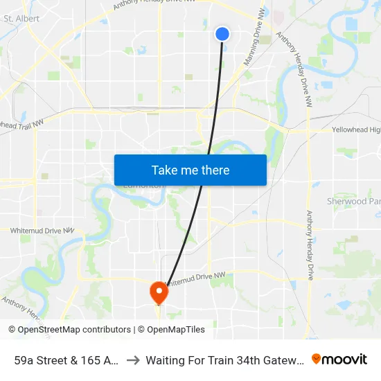 59a Street & 165 Avenue to Waiting For Train 34th Gateway Blvd. map