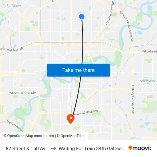 82 Street & 160 Avenue to Waiting For Train 34th Gateway Blvd. map