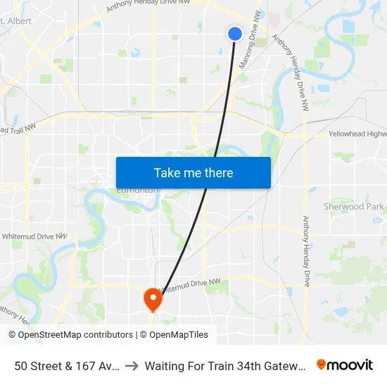 50 Street & 167 Avenue to Waiting For Train 34th Gateway Blvd. map