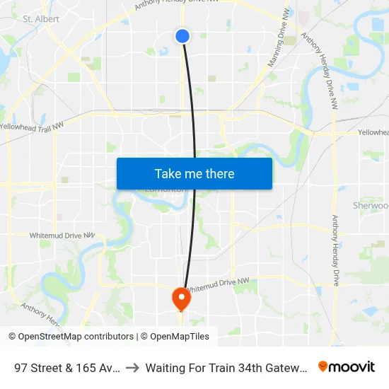 97 Street & 165 Avenue to Waiting For Train 34th Gateway Blvd. map