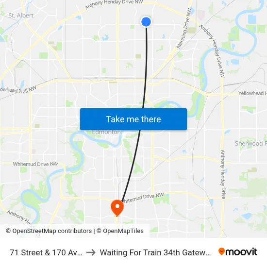 71 Street & 170 Avenue to Waiting For Train 34th Gateway Blvd. map