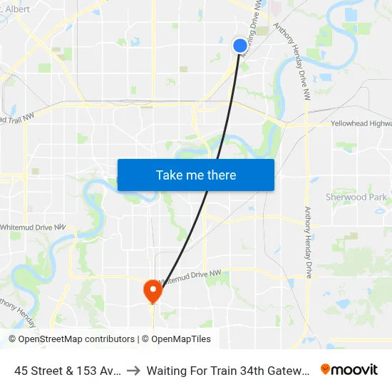 45 Street & 153 Avenue to Waiting For Train 34th Gateway Blvd. map