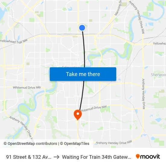 91 Street & 132 Avenue to Waiting For Train 34th Gateway Blvd. map