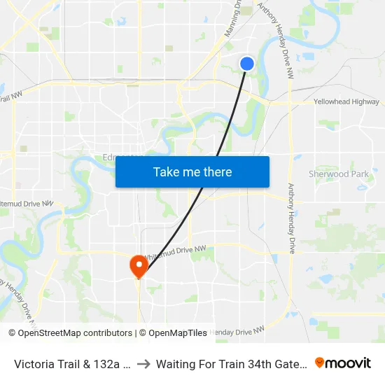 Victoria Trail & 132a Avenue to Waiting For Train 34th Gateway Blvd. map