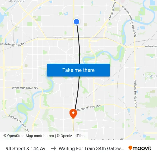 94 Street & 144 Avenue to Waiting For Train 34th Gateway Blvd. map