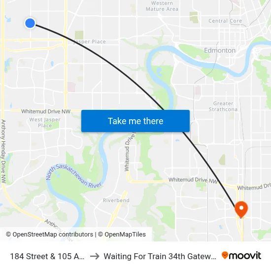 184 Street & 105 Avenue to Waiting For Train 34th Gateway Blvd. map