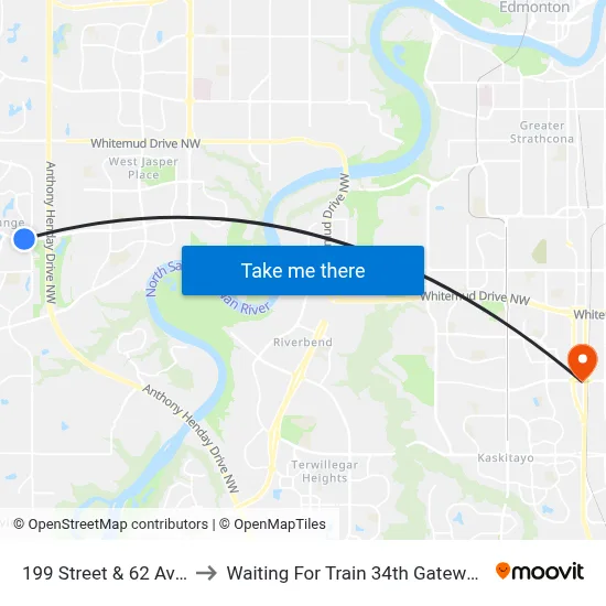 199 Street & 62 Avenue to Waiting For Train 34th Gateway Blvd. map