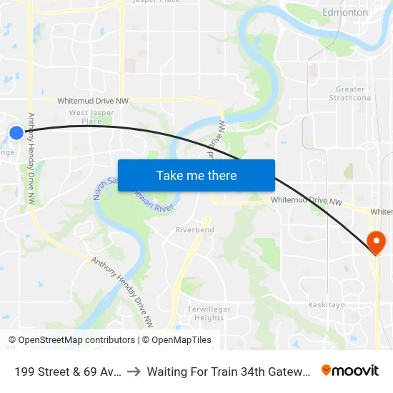 199 Street & 69 Avenue to Waiting For Train 34th Gateway Blvd. map