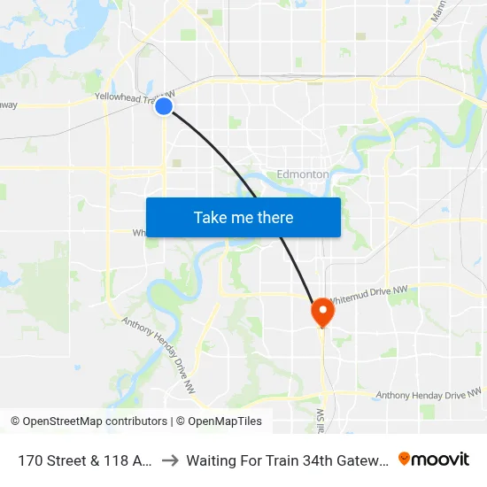 170 Street & 118 Avenue to Waiting For Train 34th Gateway Blvd. map