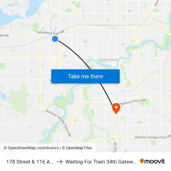 178 Street & 116 Avenue to Waiting For Train 34th Gateway Blvd. map