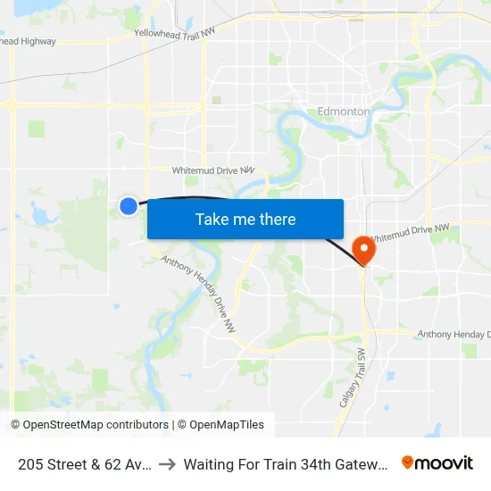 205 Street & 62 Avenue to Waiting For Train 34th Gateway Blvd. map