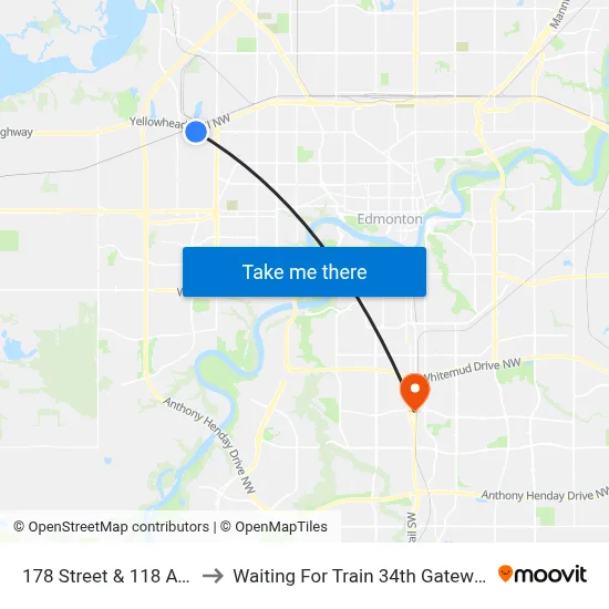 178 Street & 118 Avenue to Waiting For Train 34th Gateway Blvd. map