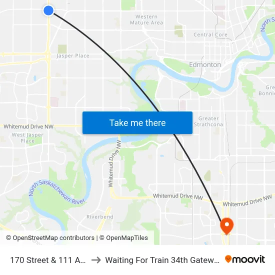 170 Street & 111 Avenue to Waiting For Train 34th Gateway Blvd. map