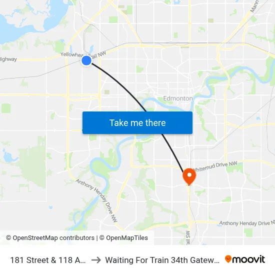 181 Street & 118 Avenue to Waiting For Train 34th Gateway Blvd. map