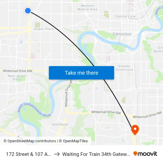 172 Street & 107 Avenue to Waiting For Train 34th Gateway Blvd. map