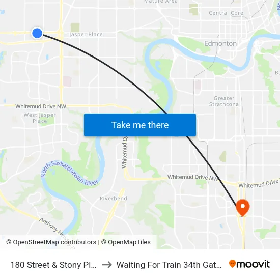 180 Street & Stony Plain Road to Waiting For Train 34th Gateway Blvd. map
