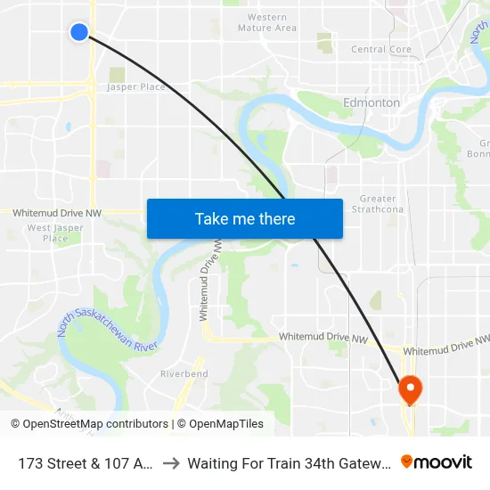 173 Street & 107 Avenue to Waiting For Train 34th Gateway Blvd. map