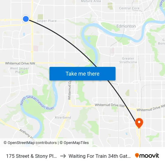 175 Street & Stony Plain Road to Waiting For Train 34th Gateway Blvd. map