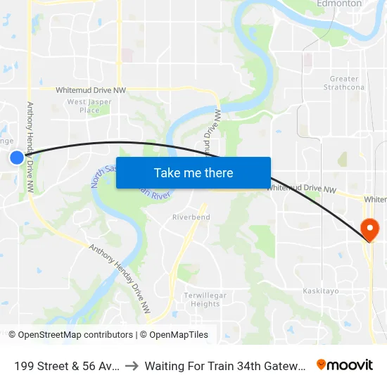 199 Street & 56 Avenue to Waiting For Train 34th Gateway Blvd. map
