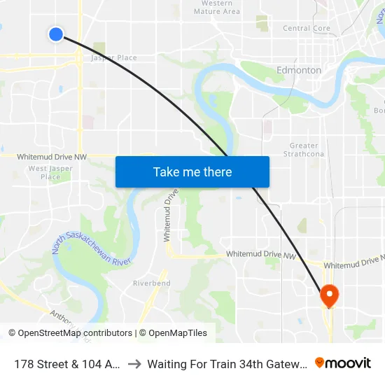 178 Street & 104 Avenue to Waiting For Train 34th Gateway Blvd. map