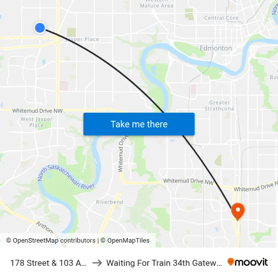 178 Street & 103 Avenue to Waiting For Train 34th Gateway Blvd. map