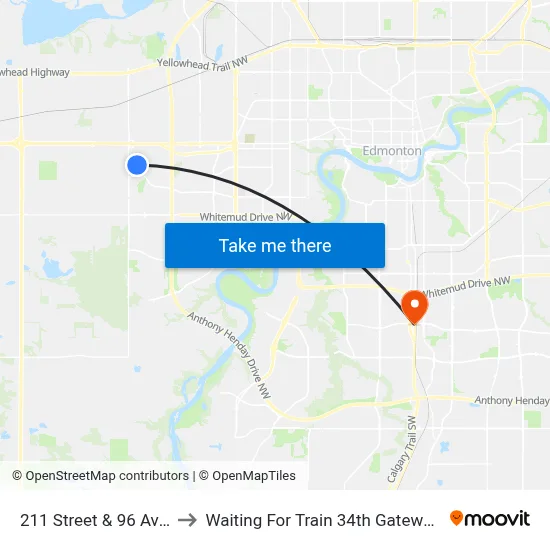 211 Street & 96 Avenue to Waiting For Train 34th Gateway Blvd. map