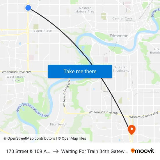 170 Street & 109 Avenue to Waiting For Train 34th Gateway Blvd. map