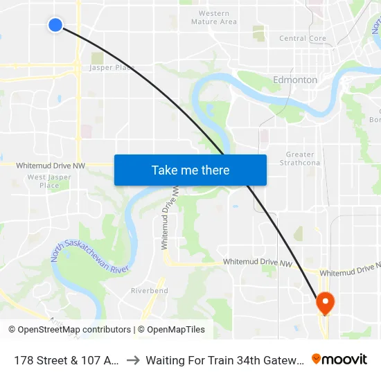 178 Street & 107 Avenue to Waiting For Train 34th Gateway Blvd. map