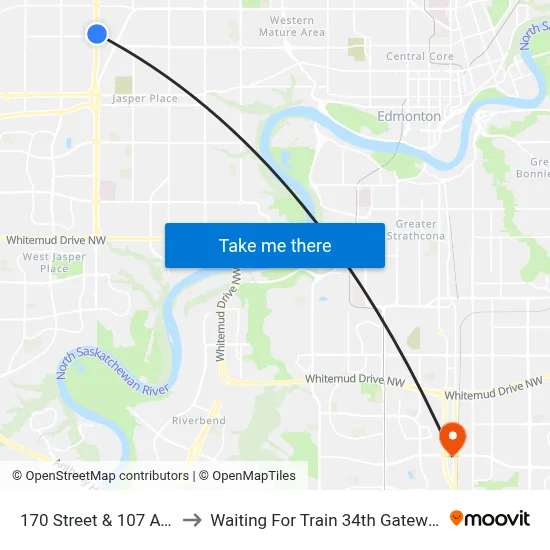 170 Street & 107 Avenue to Waiting For Train 34th Gateway Blvd. map