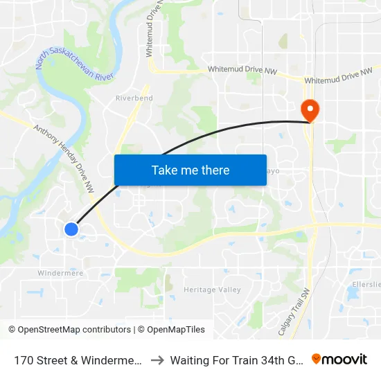 170 Street & Windermere Boulevard to Waiting For Train 34th Gateway Blvd. map