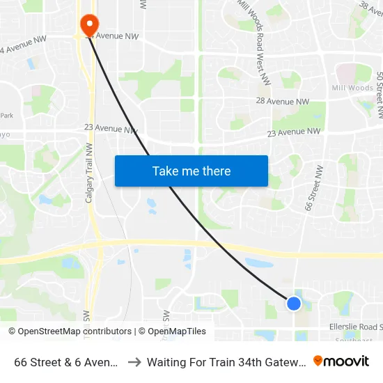 66 Street & 6 Avenue SW to Waiting For Train 34th Gateway Blvd. map