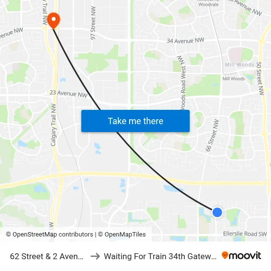 62 Street & 2 Avenue SW to Waiting For Train 34th Gateway Blvd. map