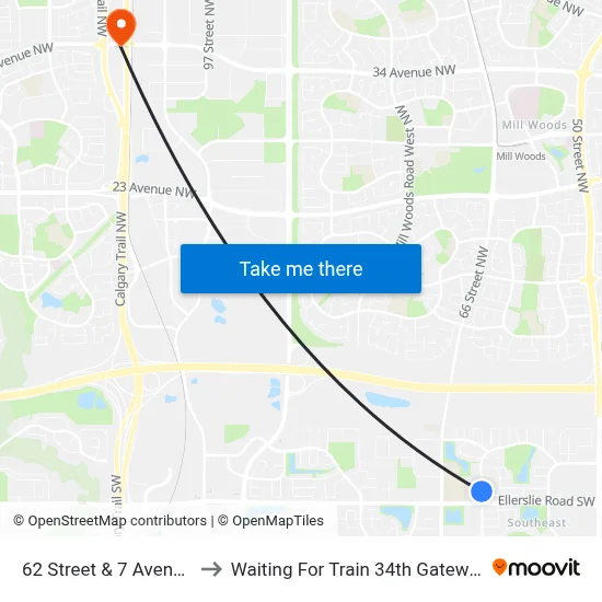 62 Street & 7 Avenue SW to Waiting For Train 34th Gateway Blvd. map