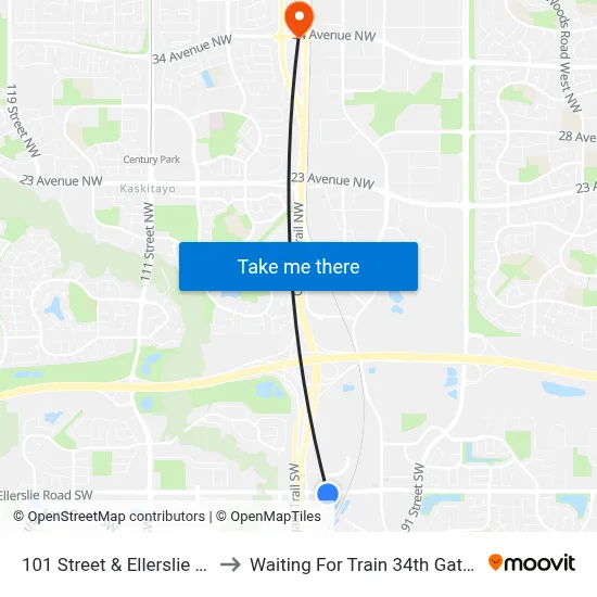 101 Street & Ellerslie Road SW to Waiting For Train 34th Gateway Blvd. map