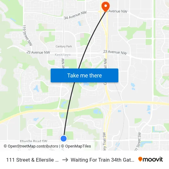 111 Street & Ellerslie Road SW to Waiting For Train 34th Gateway Blvd. map