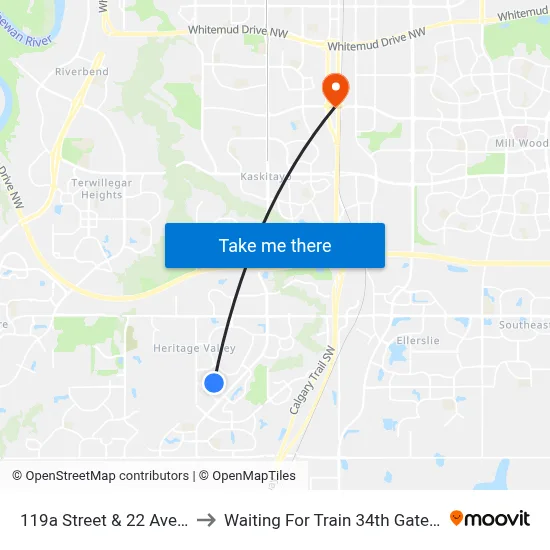 119a Street & 22 Avenue SW to Waiting For Train 34th Gateway Blvd. map
