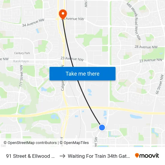 91 Street & Ellwood Drive SW to Waiting For Train 34th Gateway Blvd. map