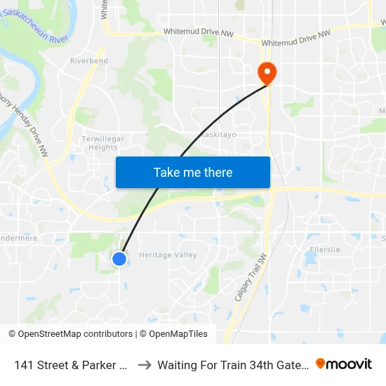 141 Street & Parker Gate SW to Waiting For Train 34th Gateway Blvd. map