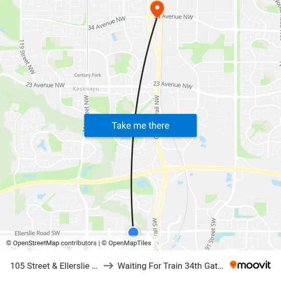 105 Street & Ellerslie Road SW to Waiting For Train 34th Gateway Blvd. map
