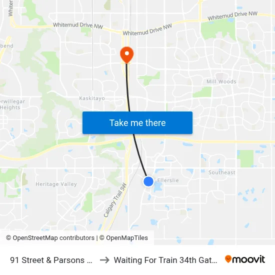 91 Street & Parsons Road SW to Waiting For Train 34th Gateway Blvd. map