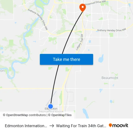 Edmonton International Airport to Waiting For Train 34th Gateway Blvd. map