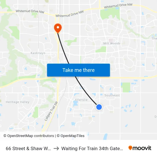 66 Street  & Shaw Way SW to Waiting For Train 34th Gateway Blvd. map