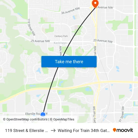 119 Street & Ellerslie Road SW to Waiting For Train 34th Gateway Blvd. map