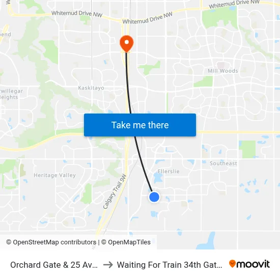 Orchard Gate & 25 Avenue SW to Waiting For Train 34th Gateway Blvd. map