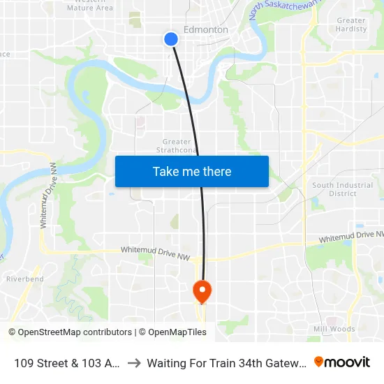 109 Street & 103 Avenue to Waiting For Train 34th Gateway Blvd. map
